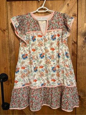 Boho Floral Tiered Tunic Dress - Cream with Orange & Blue Flowers